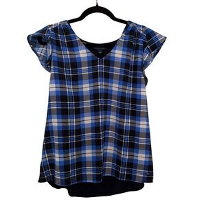 Tommy Hilfiger Women's Plaid V Neck Flutter Sleeve Tartan Top Size LG